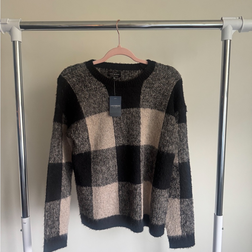 Lucky Brand Black and Cream Checkered Sweater